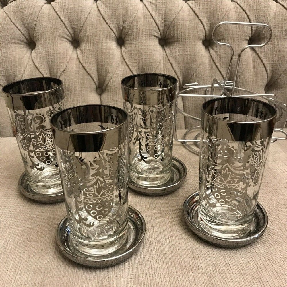 VTG Kimiko Guardian Knight Silver Cocktail Set Of 4 Glasses + Coasters Caddy.